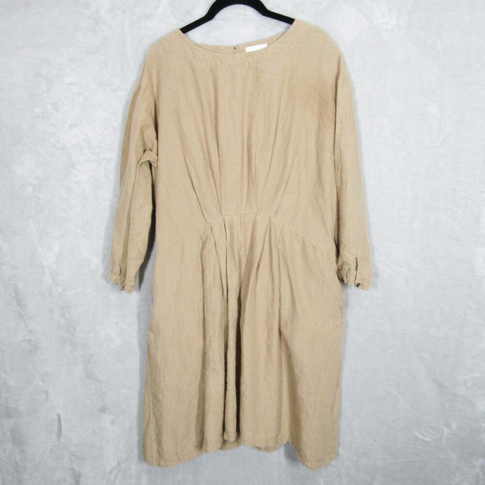 studio CLIP Dress Womens Medium Beige 100% Linen Long Sleeve Button Cuff Pockets
